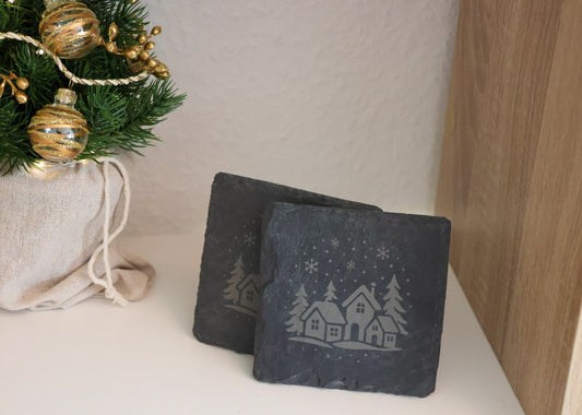 Schiefer-Untersetzer mit Winterdorf Gravur